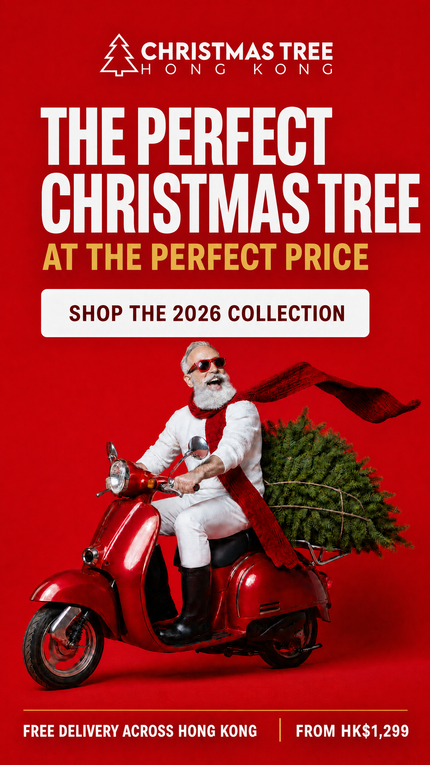 CTHK 2026 mobile homepage hero — Santa delivering a Douglas Fir, perfect tree offer