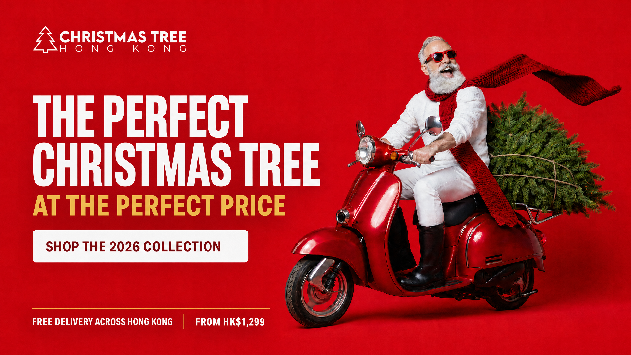 CTHK 2026 homepage hero — Santa delivering a Douglas Fir, perfect tree offer