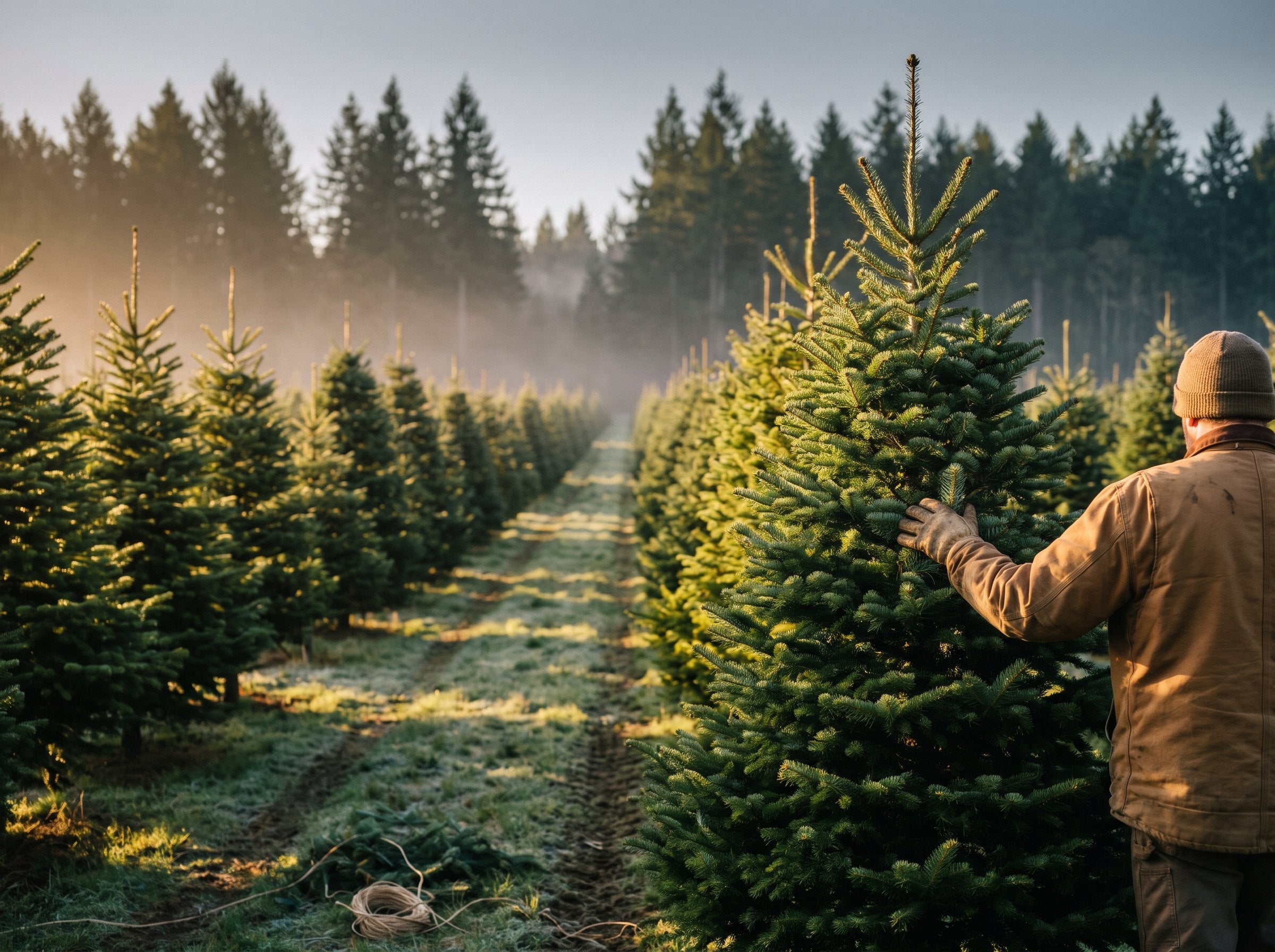 Rows of Noble Fir and Douglas Fir Christmas trees at sunrise on the family farm in Oregon that supplies Christmas Tree Hong Kong