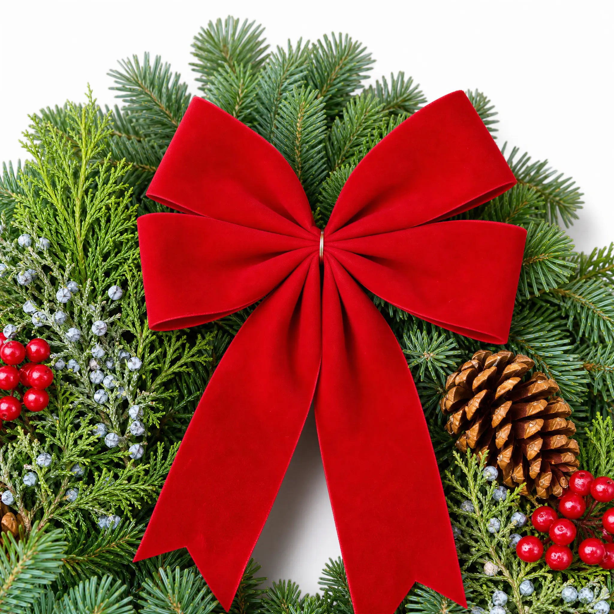 Close-up of the Christmas Celebration Wreath red bow